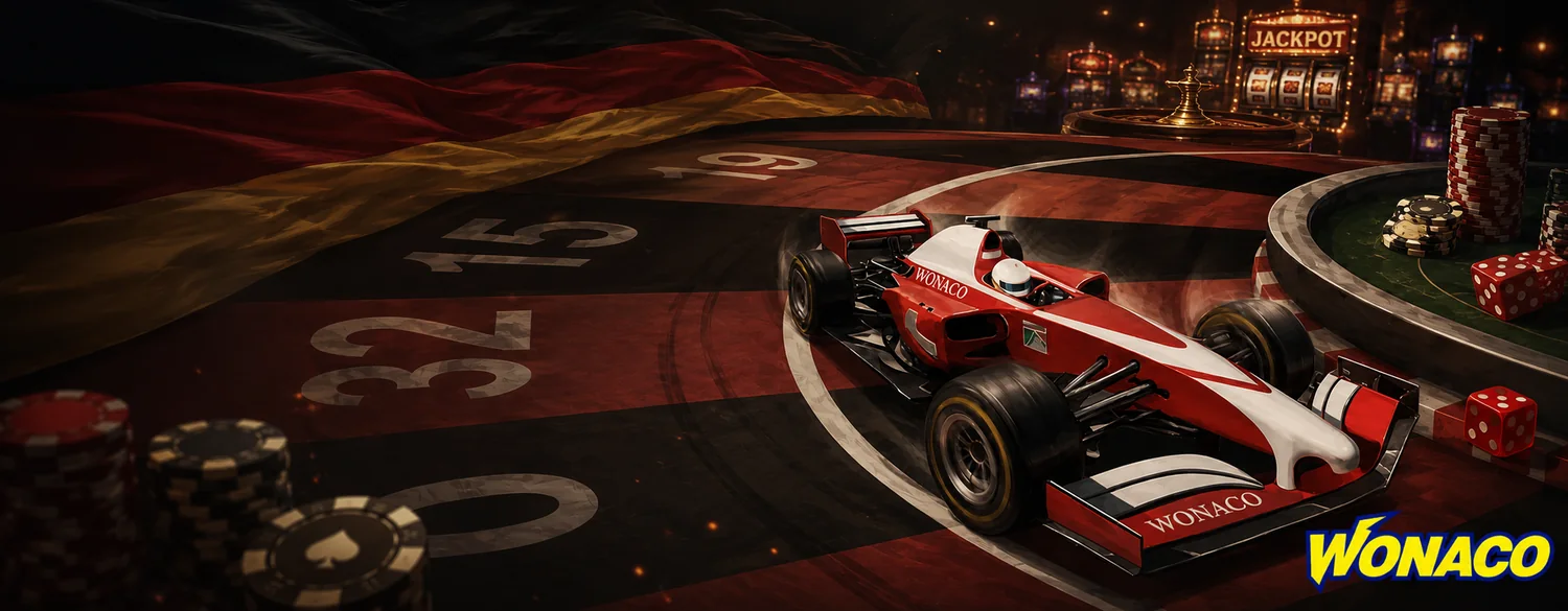 Wonaco Casino Deutschland: Formel-1-Bolide auf einem Roulettekessel vor der deutschen Flagge