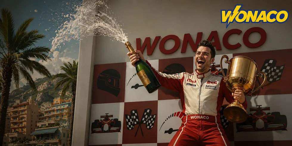 Formel-1-Sieger auf dem Podium mit Pokal und Champagner vor der Wonaco-Wand