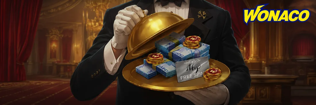Butler serviert Chips und Freispiel-Gutscheine unter einer goldenen Haube