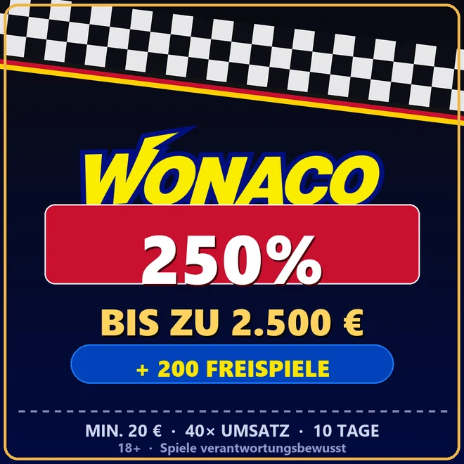 Wonaco Willkommenspaket 250 Prozent bis 2.500 Euro plus 200 Freispiele